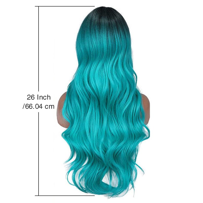 FAVE Ombre Bluish Green Wig Long Wavy Side Part Wigs Heat Resistant Synthetic Hair Teal Blue Mermaid Wigs for Women Teal Wig for Daily & Party Use(Ombre Bluish Green) - Image 2